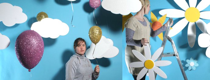summer display props - polystyrene balloons, clouds and flowers.