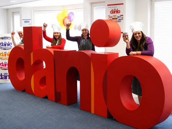 Large finished red Danio letters at a branded event