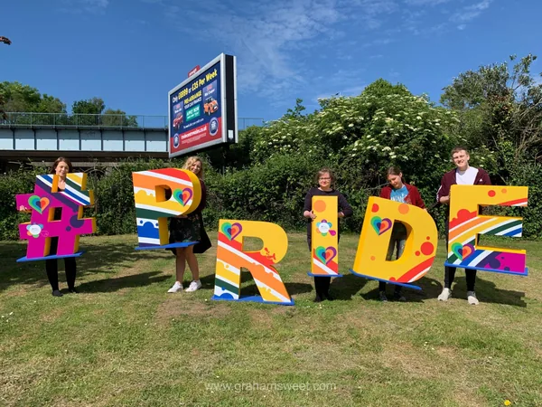 Colourful polystyrene PRIDE letters with printed vinyl front faces, produced for an Aviva Pride event