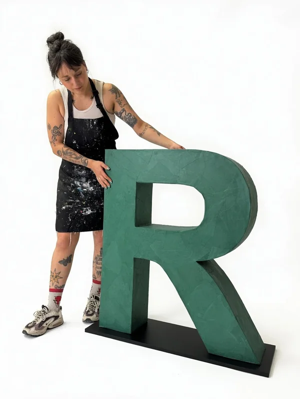 Large cardboard letter with a textured green papier-mache finish