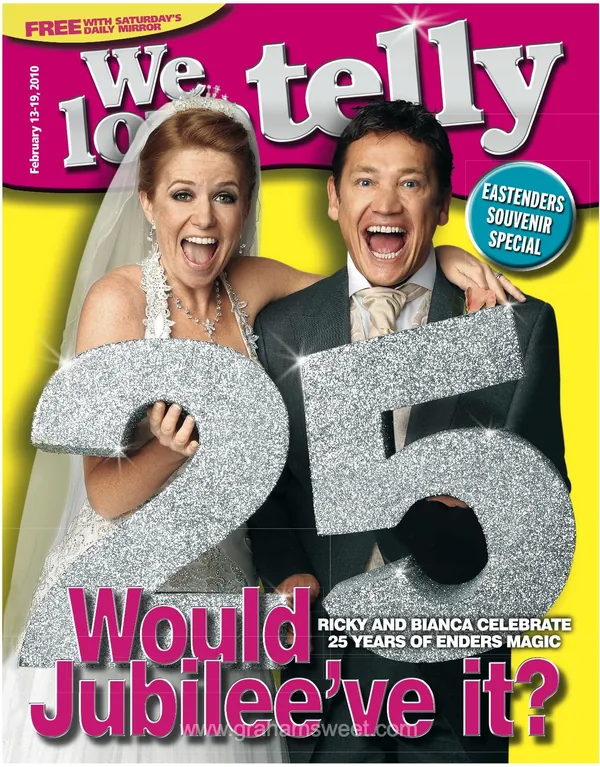 Sid Owen and Patsy Palmer holding giant silver glitter 25 numbers for a magazine cover