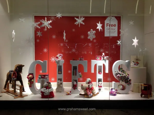 Large GIFT letters in a Mamas and Papas Christmas window display