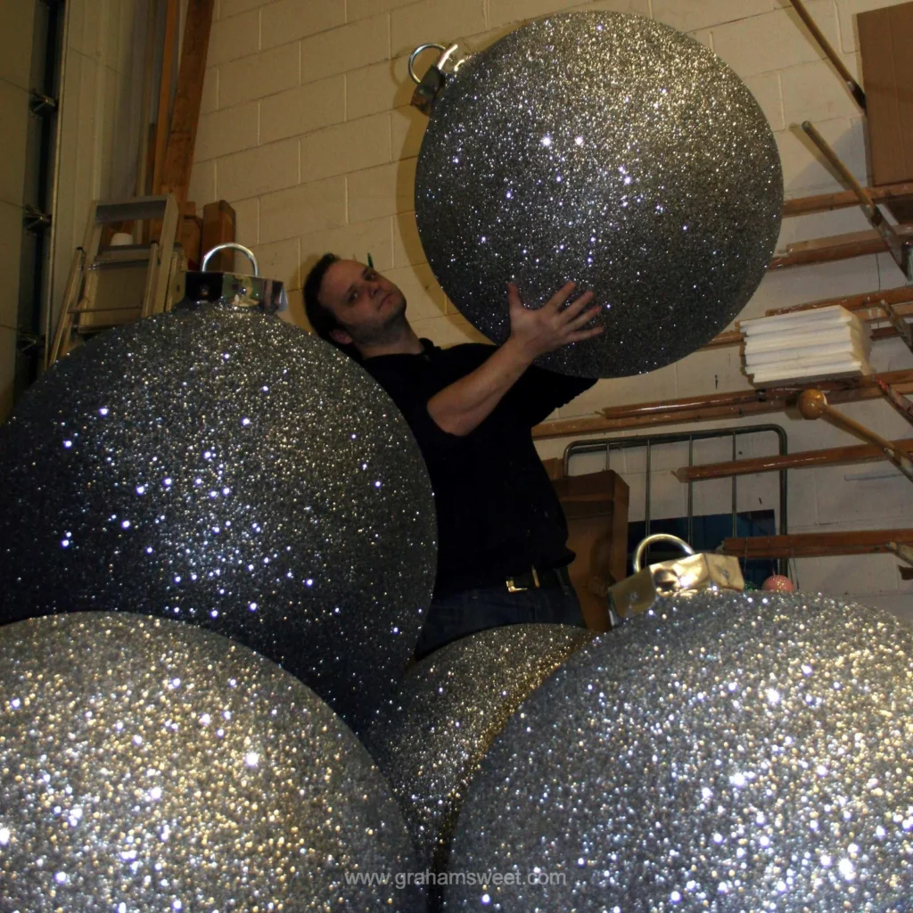 Giant glitter baubles from 600mm to 1200mm diameter in the Graham Sweet Studios workshop