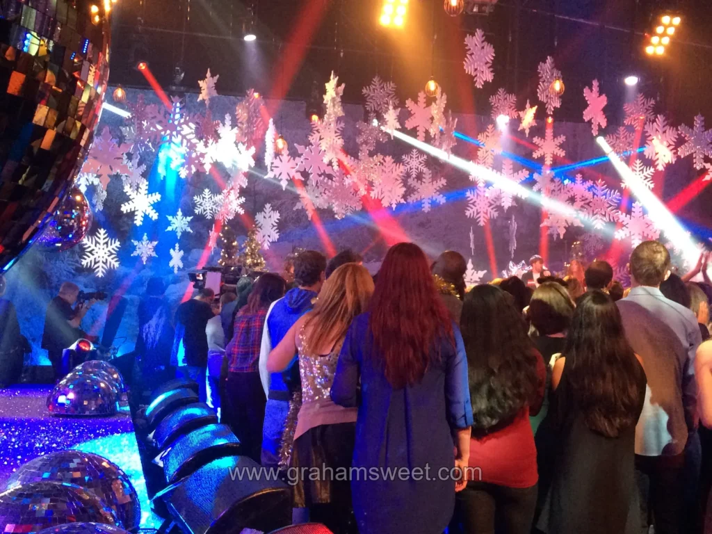 Top of the Pops Christmas set filled with hanging snowflakes
