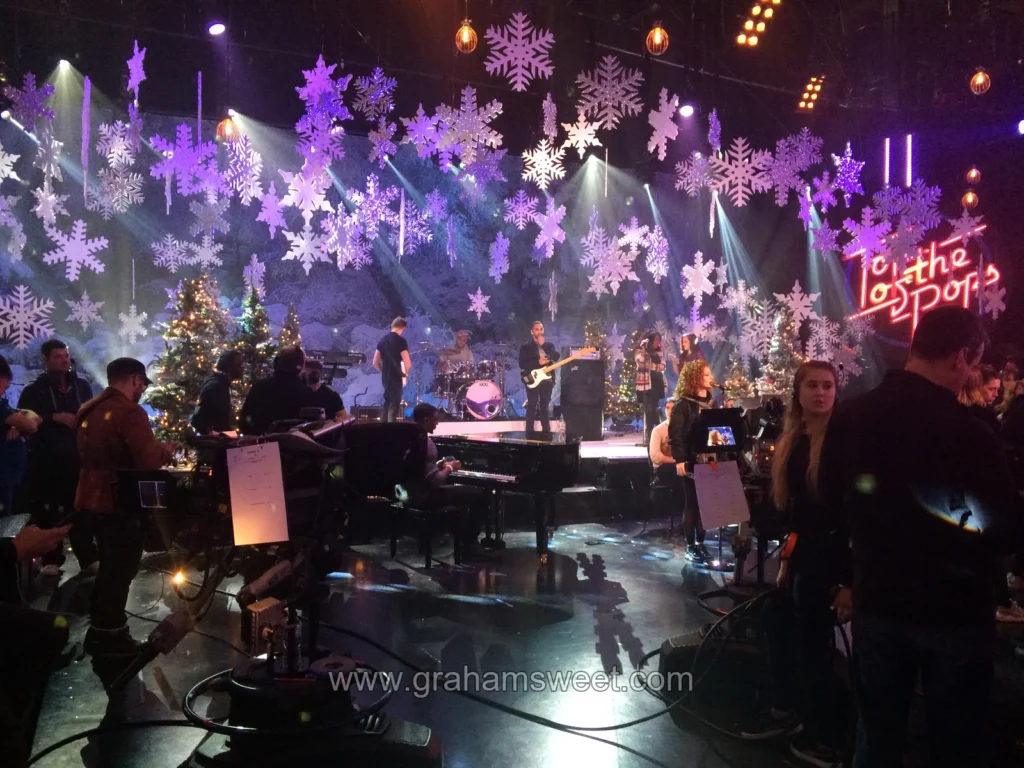 Top of the Pops Christmas stage dressed with large snowflakes