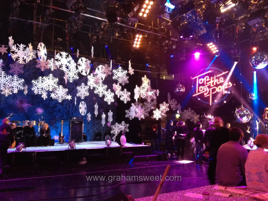 Snowflakes, penguins and snowmen on the Top of the Pops Christmas set