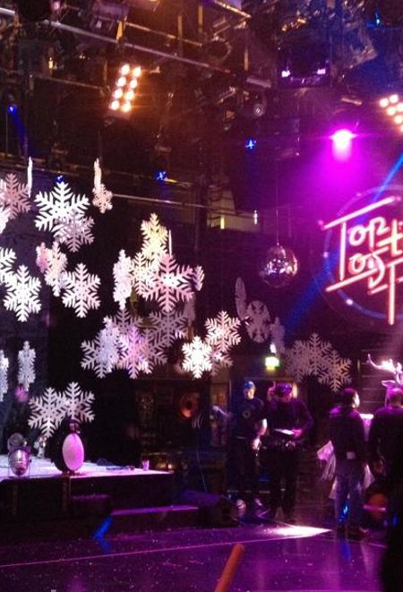 Snowflakes on stage for a Top Of The Pops BBC christmas special.