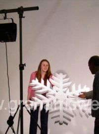 Polystyrene snowflakes on display for a television production set