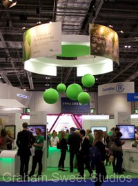 Large polystyrene balls, smoothed and painted green, produced  for molyncke - for their trade show