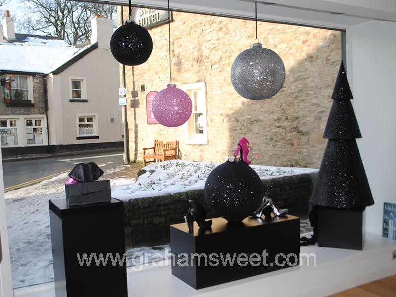 black gunmetal and pink glitter baubles in store