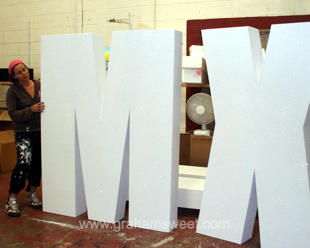 1800mm high polystyrene letters - covered in white glitter