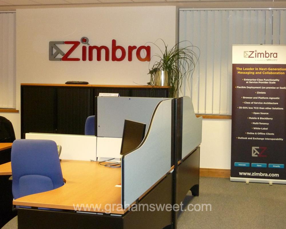 zimbra acyrlic faced letters in an office