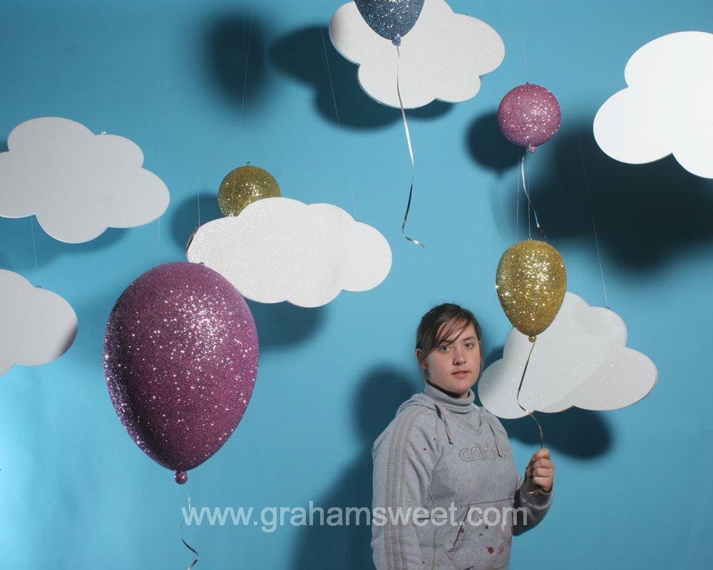 Polystyrene Clouds and 3d glittered balloons - summer window display ideas