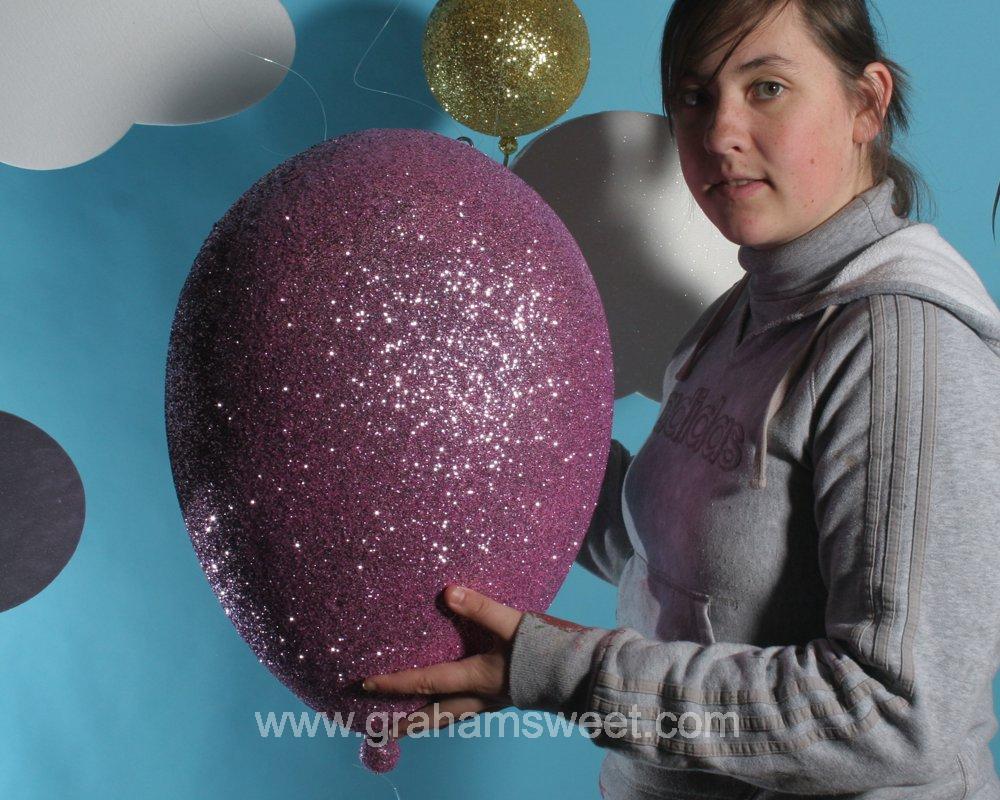 Polystyrene Clouds and 3d glittered balloons - summer window display ideas2