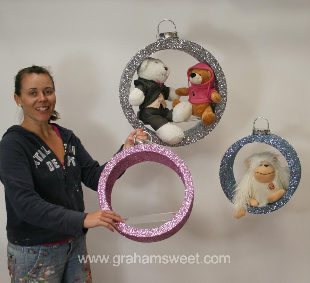 pink - blue and silver christmas bauble shelves