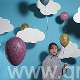 Polystyrene Clouds and 3d glittered balloons - summer window display ideas