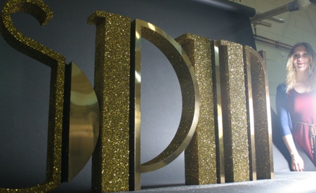polystyrene letters - faced with brushed gold laminate, and gold glitter.