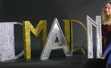 polystyrene letters - faced with brushed gold laminate, and gold glitter.