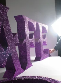 Giant purple glitter letters on a photo set