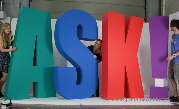 Large colourful ASK polystyrene letters in the workshop