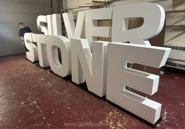 Large white Silverstone letters prepared for delivery