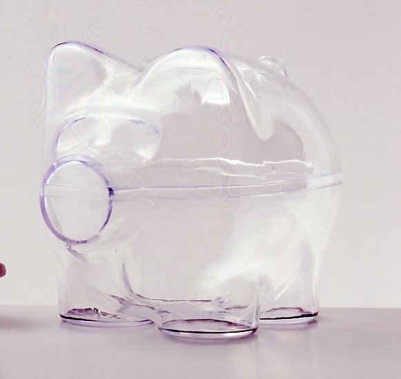 90 mm high Clear Plastic Piggy Bank. Box of 192pcs. Equivalent of  ?1.62 each.