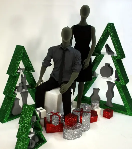 Polystyrene Christmas tree shelves with green glitter finish