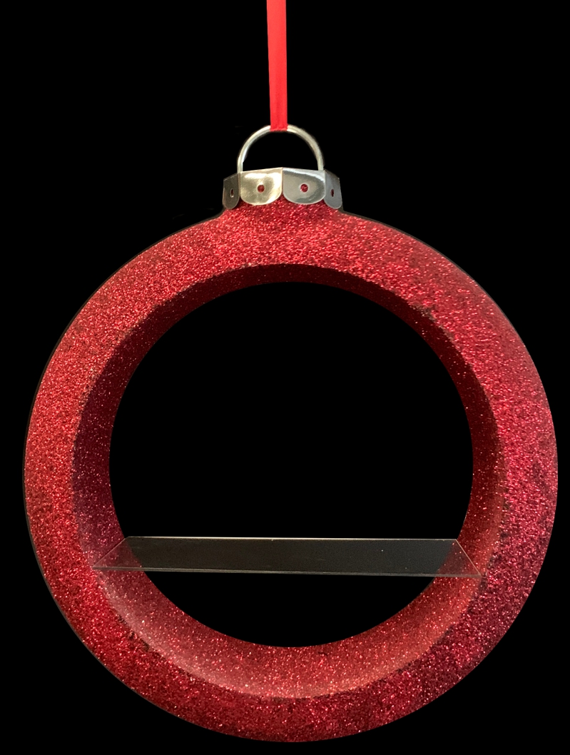 red glittered vm bauble shelf